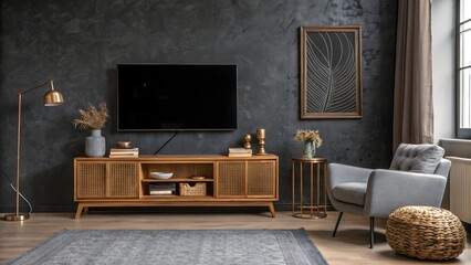 Modern Living Room Interior with Dark Textured Wall and Wooden TV Stand Decoration Style