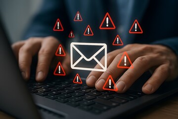 Email Security Threat Hands Typing on Laptop with Warning Icons