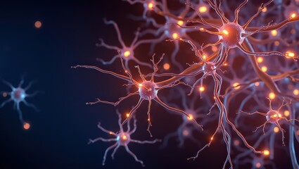 Illuminated neurons with branching dendrites against a dark blue and orange gradient background