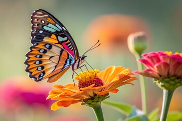 Fototapeta premium Stunning butterfly with vibrant colors gathering nectar from beautiful orange flower in sunny summer garden
