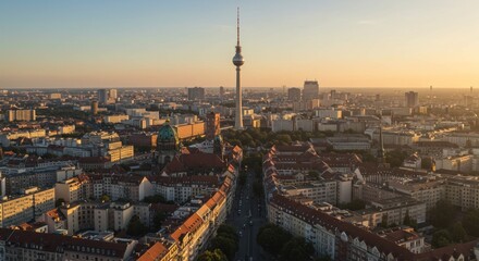 Obraz premium Breathtaking cityscape of Berlin, Germany, featuring the iconic Fernsehturm at golden hour,