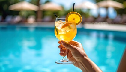 Hand holding a refreshing cocktail by a pool (1)