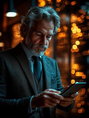 Businessman using a smartphone with a digital user profile icon