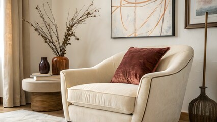 Stylish Armchair with Pillow and Side Table in a Bright and Airy Living Room Interior