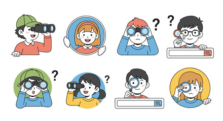 Fototapeta premium Illustrations of children using binoculars and looking through magnifying glasses with question marks indicating curiosity and a search bar suggesting investigation and discovery