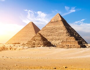 Three majestic pyramids stand tall against a brilliant blue sky, bathed in the golden light of sunset