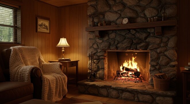 Cozy interior setting with a blazing fireplace and comfortable chair in a rustic cabin