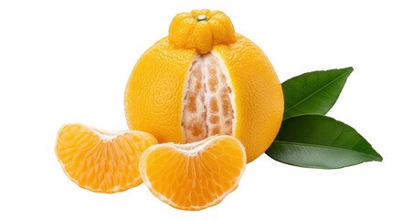 A close up of a dekopon fruit with segments and green leaves on a transparent background