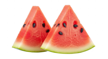 Two triangular slices of refreshing watermelon with black seeds are isolated on a transparent background