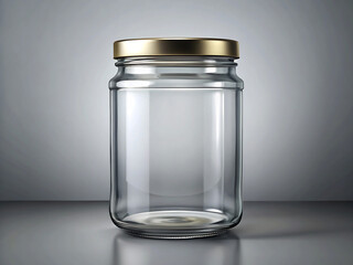A clear glass jar with a golden lid sits on a reflective surface, ready for homemade preserves