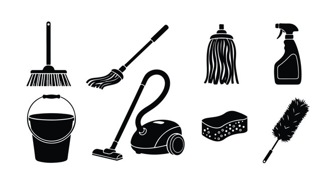Vector silhouette illustration a collection of cleaning tools including a mop, vacuum cleaner, and sponge