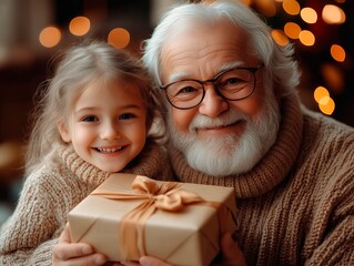 Grandparents give presents to their grandchildren in the bright living room. Warm, cozy, family, joy, surprise.