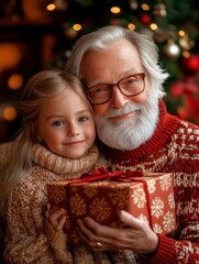 Grandparents give presents to their grandchildren in the bright living room. Warm, cozy, family, joy, surprise.