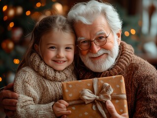 Grandparents give presents to their grandchildren in the bright living room. Warm, cozy, family, joy, surprise.
