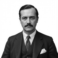 Man with mustache wearing a suit and looking serious in black and white  