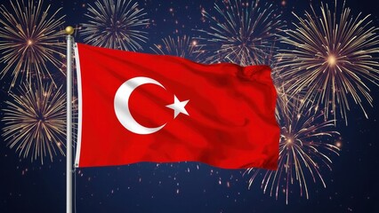 Turkish flag waving while fireworks burst in nighttime sky  