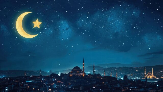 Night skyline of Istanbul with crescent moon and stars