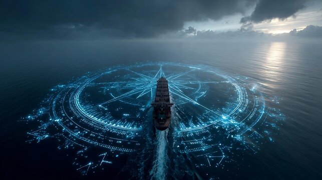 A ship sailing on a digital data ocean, with an AI compass guiding it toward its destination Data Science and Analytics Business Intelligence and Strategy