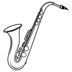 A line drawing of a musical saxophone isolated on a white background © Vectscape
