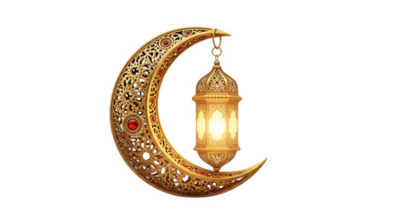 Ornate golden crescent moon with hanging lantern isolated on transparent background