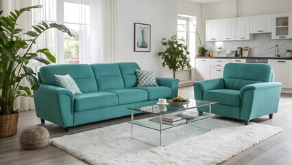Comfortable Teal Sofa and Armchair Set in a Bright Living Room with Natural Light