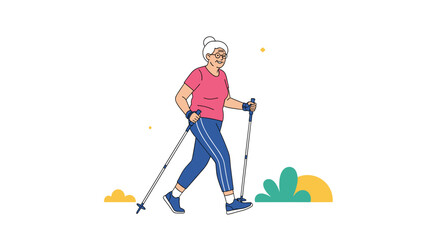 Active senior woman enjoys health benefits of nordic walking outdoors on a sunny day