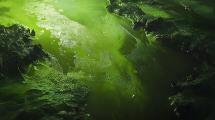 Digital render of a murky, green-tinted waterway with jagged rocks and turbulent water.