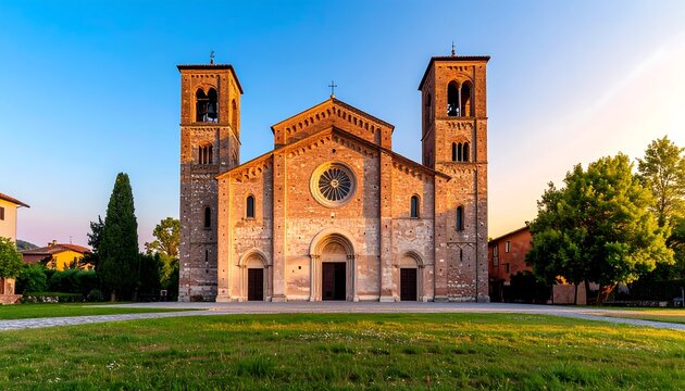 Ancient architecture Basilica di San Zeno Maggiore in Verona with bell towers illuminated under
