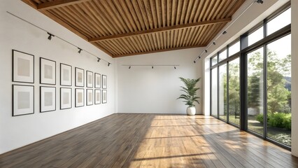 Spacious Gallery Interior with Wood Ceiling and Frames for Art Exhibition in Daylight