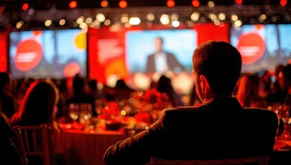 Attendee in a dark suit views a stage with large screens showing a speaker, amid a blurry crowd at tables with floral arrangements under stage lights