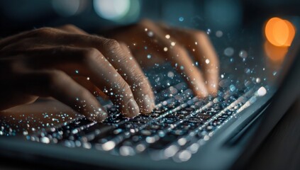 Hands type on a glowing keyboard, overlaid with sparkling particles, hinting at digital creation
