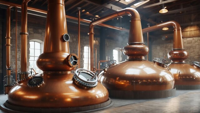 Large copper stills in a distillery