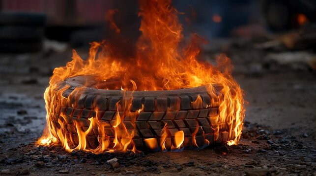 A burning tire emits bright flames and smoke in a gritty environment. The scene captures the intensity of fire and the texture of the tire.