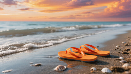 Bright orange flip-flops on sandy beach at sunset with seashells and soft ocean waves under vibrant colorful sky