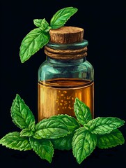 color illustration of peppermint essential oil in a small vintage jar on black background