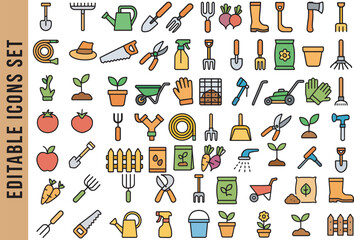 Editable Color Icon Set of Gardening Tools and Plants