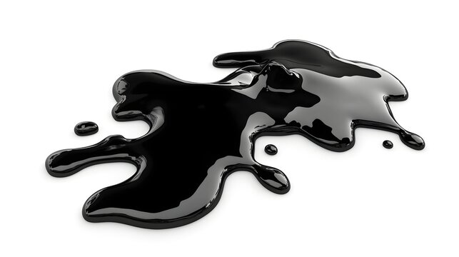 3D render of a glossy, black liquid blob with rounded edges and scattered droplets.