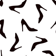 Seamless pattern of black high-heeled shoes on a white background. Vector icon of women's fashion shoes. Background for a shoe store, wrapping paper, advertising, discounts