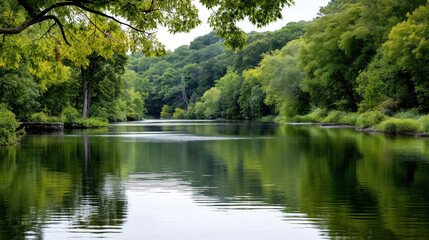 Obraz premium Calm river flowing through lush green forest with reflections on the water surface in peaceful summer landscape