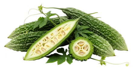 A group of bitter melons, some sliced, are arranged with leaves on a transparent background