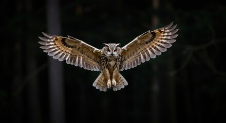 Obraz premium Majestic eurasian eagle owl soaring in the night sky with outstretched wings
