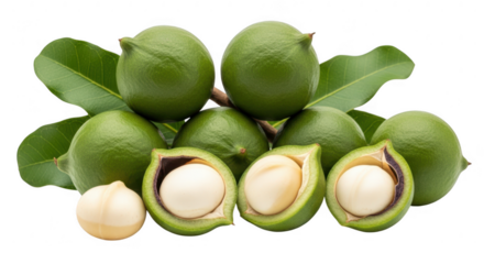 A close up of fresh macadamia nuts with green shells and leaves, a healthy and delicious snack isolated on transparent background