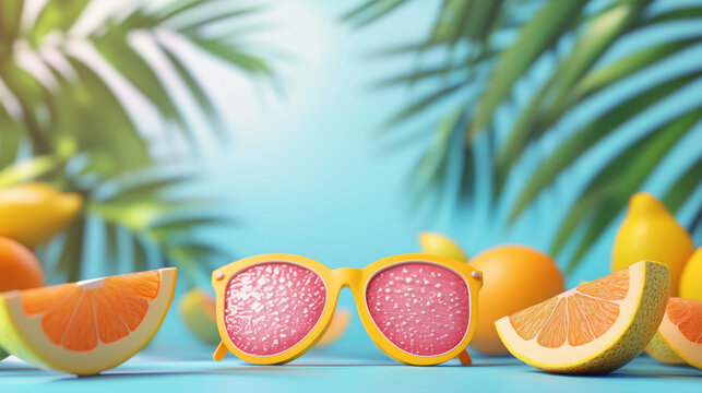 Creative summer concept with sunglasses filled with grapefruit texture surrounded by tropical fruits and palm leaves on bright background - Powered by Adobe