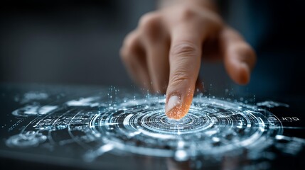 Naklejka premium A human hand guiding a glowing AI cursor across a complex system diagram, showing intuitive control. Enterprise AI Solutions Smart Automation and Industry 4.0