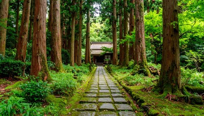 Obraz premium Lush forest path leading to a temple