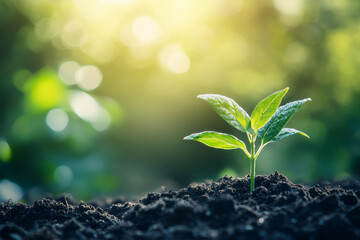 Sprout Growing in Rich Soil with Sunlight Bokeh Effect