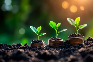 Three plants sprouting from stacks of coins in dark soil