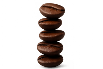 Five roasted coffee beans balancing in a stack on a transparent background, perfect for coffee-themed designs