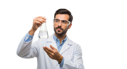 A thoughtful, analytical male scientist holding a bubbling flask, symbolizing scientific research and chemical experimentation on isolated transparent background.