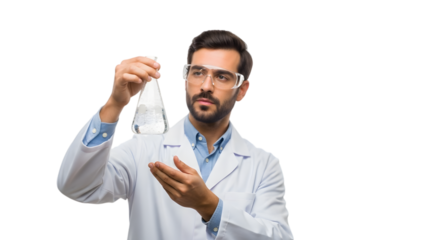 A thoughtful, analytical male scientist holding a bubbling flask, symbolizing scientific research and chemical experimentation on isolated transparent background.